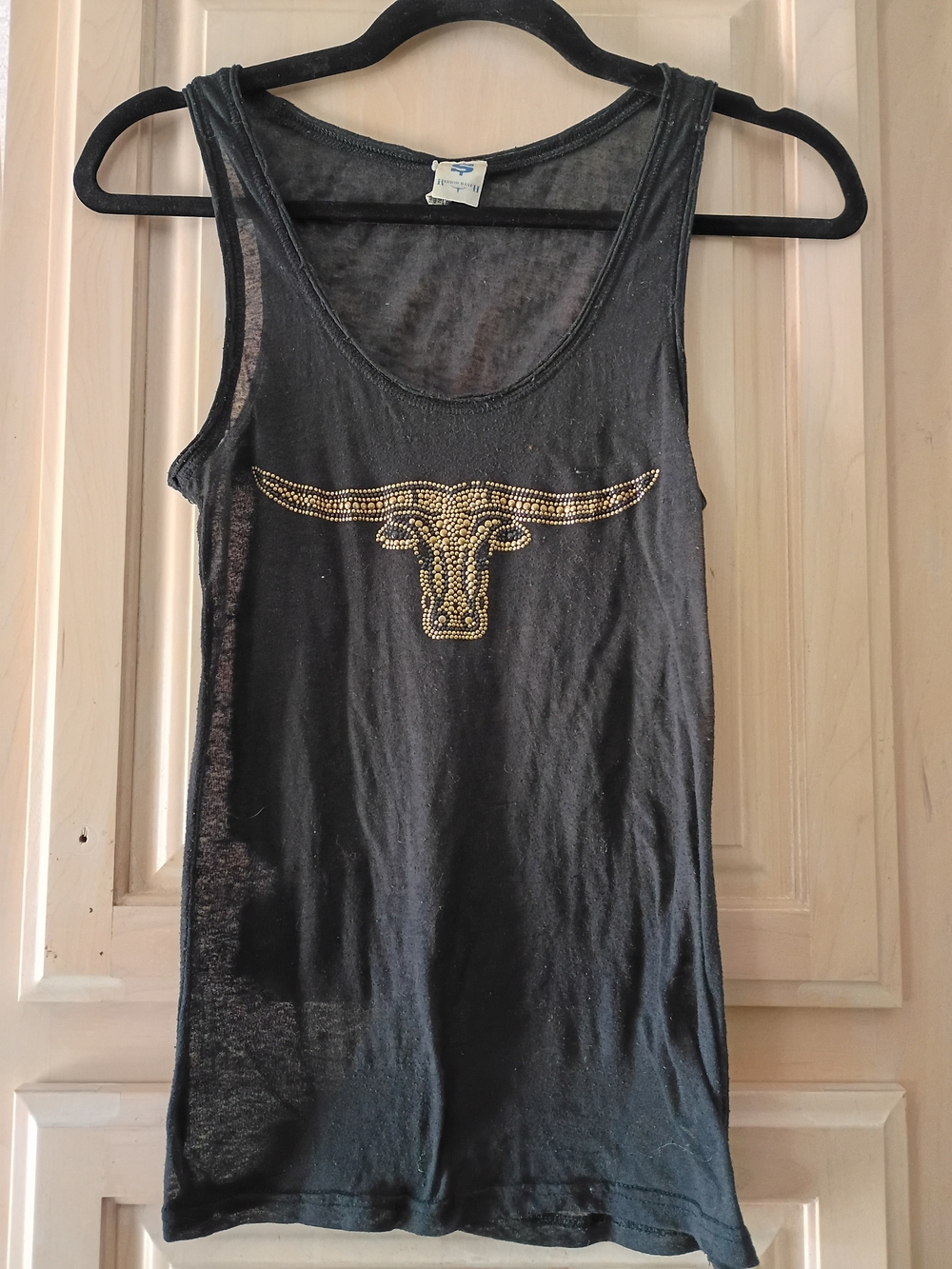 Black Tank Top with Gold Stud Longhorn Emblem - Unbranded